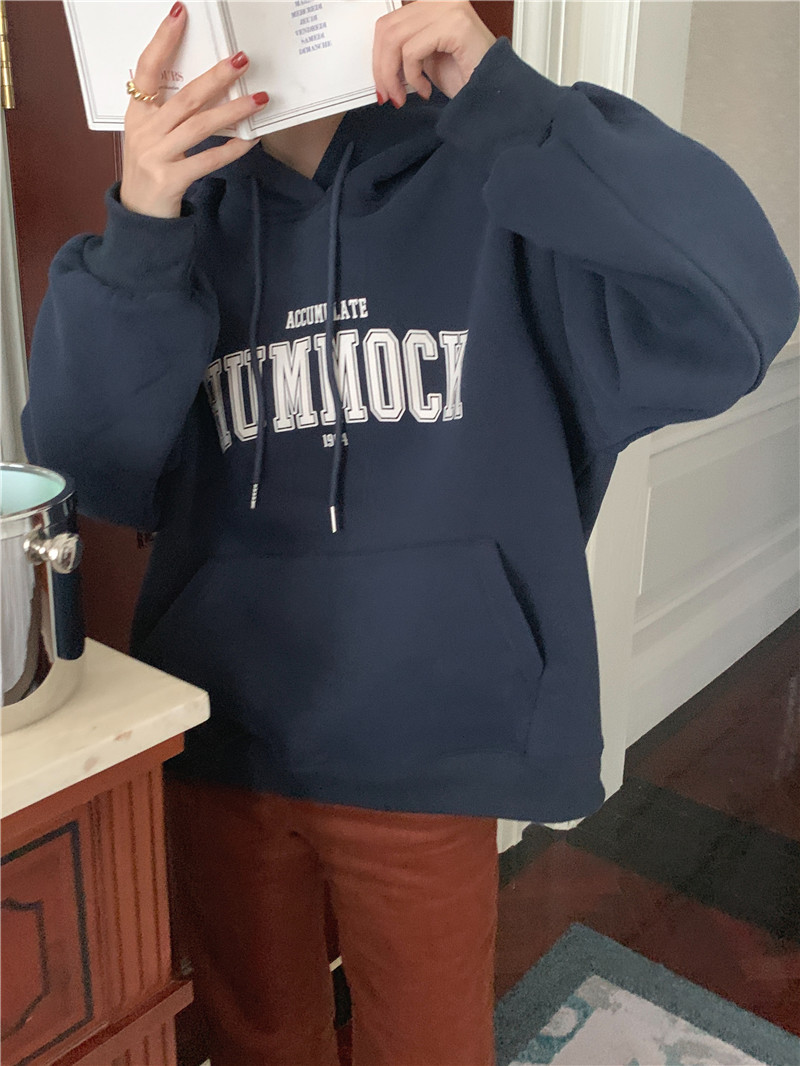 Letter-printed pullover with fleece hooded sweatshirt for women 2023 autumn/Winter new style Korean loose and versatile long-sleeved top pic 33