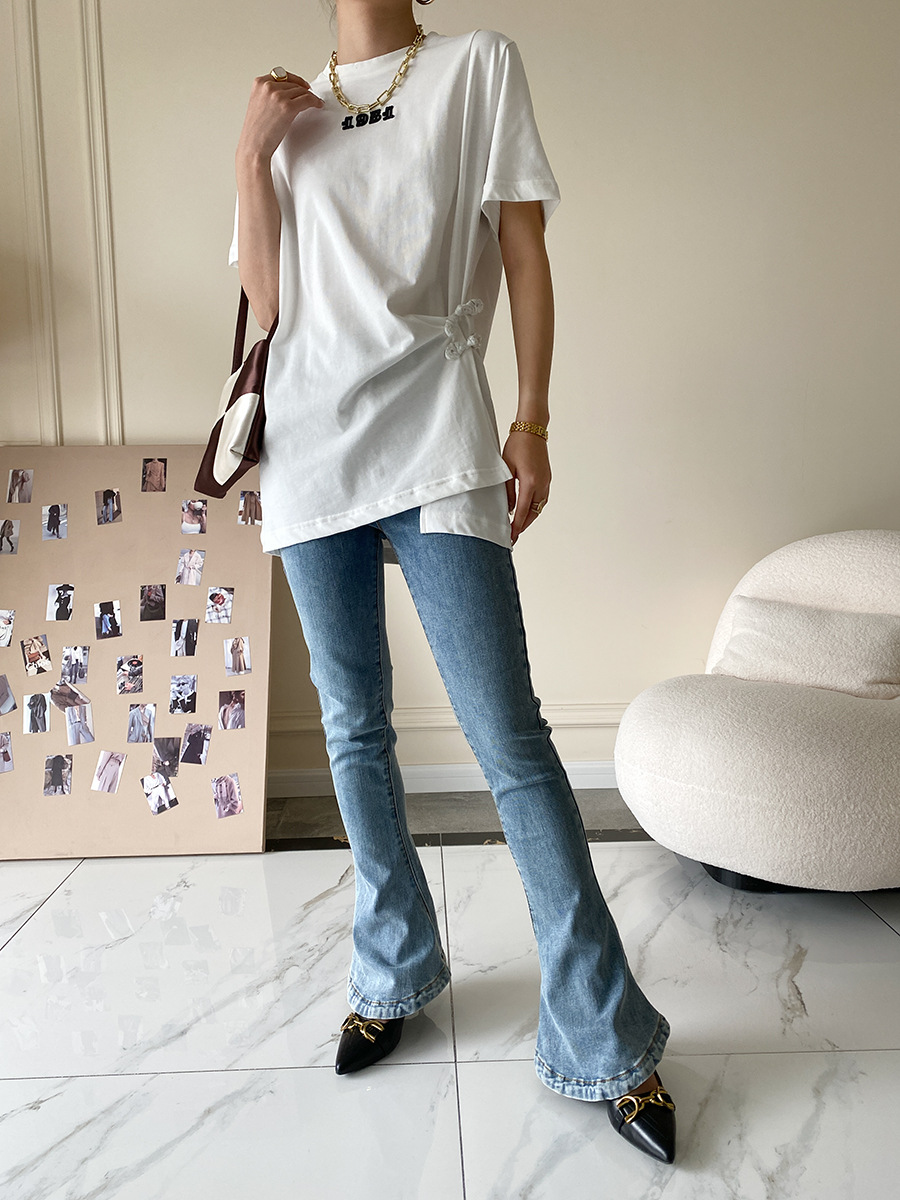 Sinan guoji plato hebilla bifón caída hombro manga camiseta mujer moda cool sentido de diseño verano 2022 nuevo SN1425 pic 47