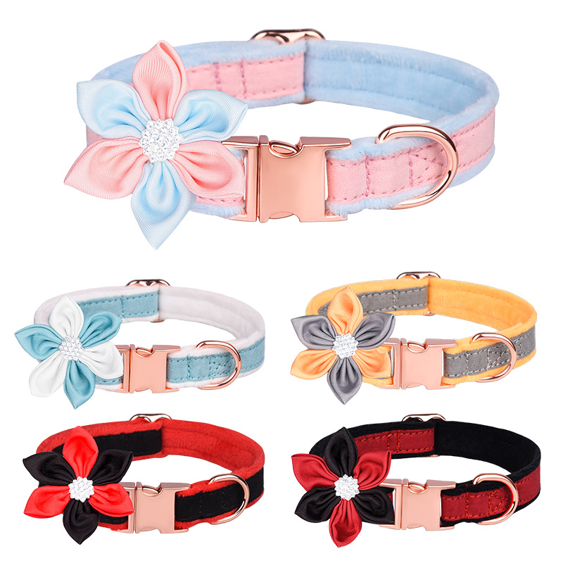 亚马逊新款柔软丽丝绒宠物项圈六瓣花狗项圈玫瑰金插扣刻字狗项圈