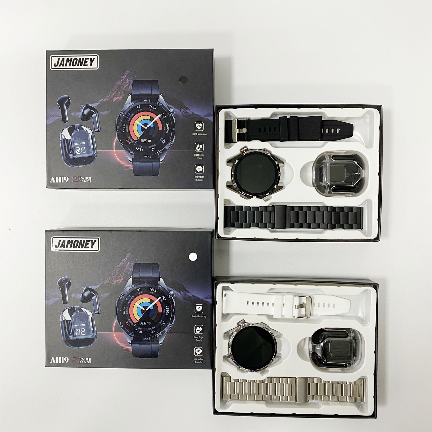 跨境电商AH19智能手表套盒圆盘蓝牙手表+透明1代耳机运动心率血压详情12