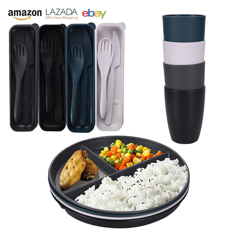 Cross-border Amazon black wheat straw 8-person set of bowls, plates, cups, tableware, knives, forks, spoons, portable tableware, outdoor set pic 4