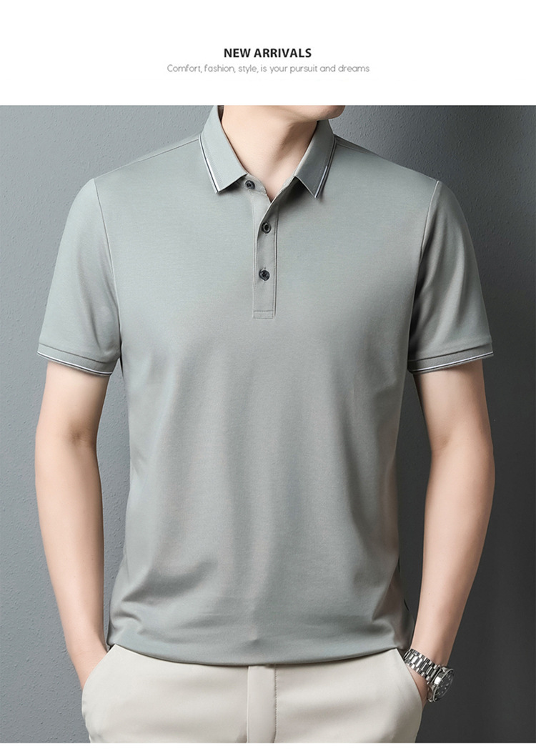 纯色桑蚕丝男士短袖t恤外贸夏季2023新款潮流高级感男装翻领上衣详情18