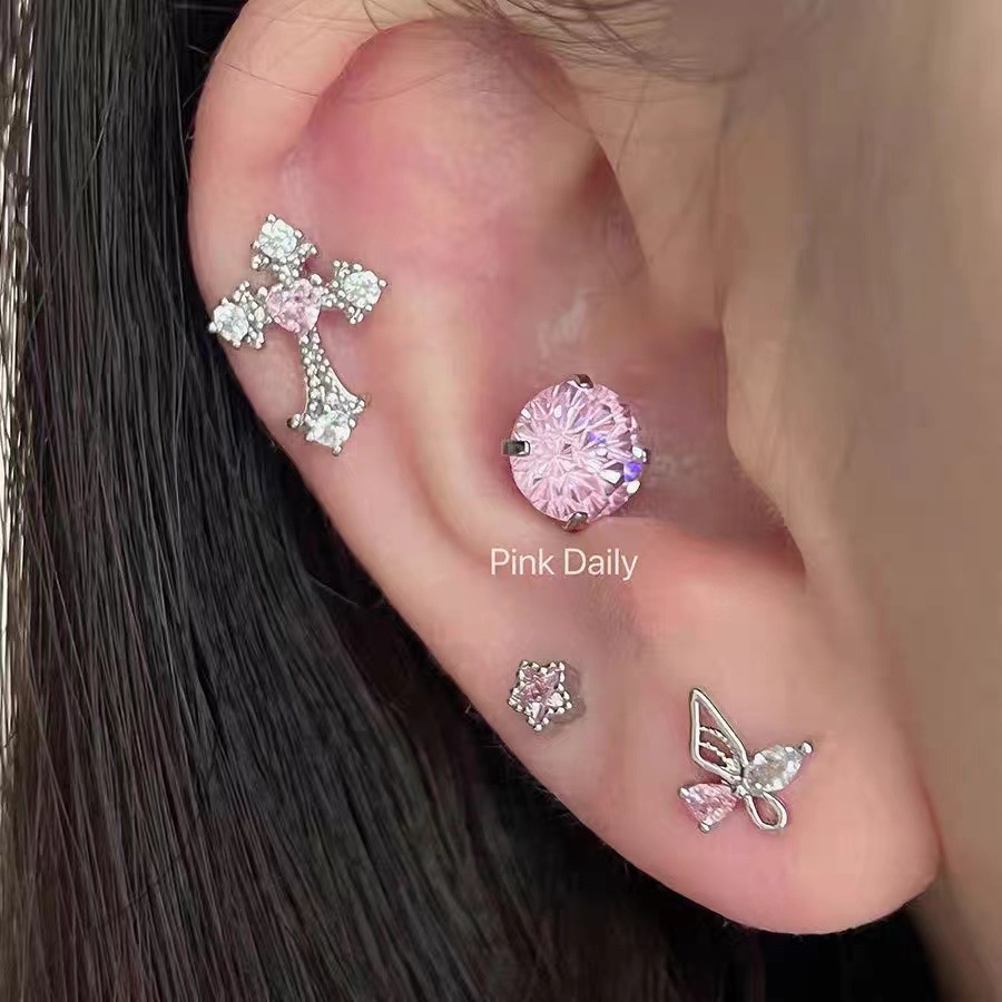 The new pink zircon cross ear bone stud titanium steel screw firework cut cochlear stud butterfly earrings are very stylish pic 2