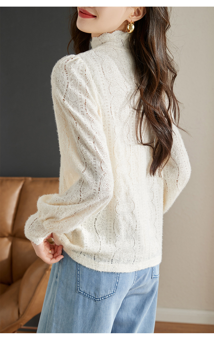 法式米杏色雪纺蕾丝衫女早秋2022年新款淑女花边小立领长袖上衣女详情17