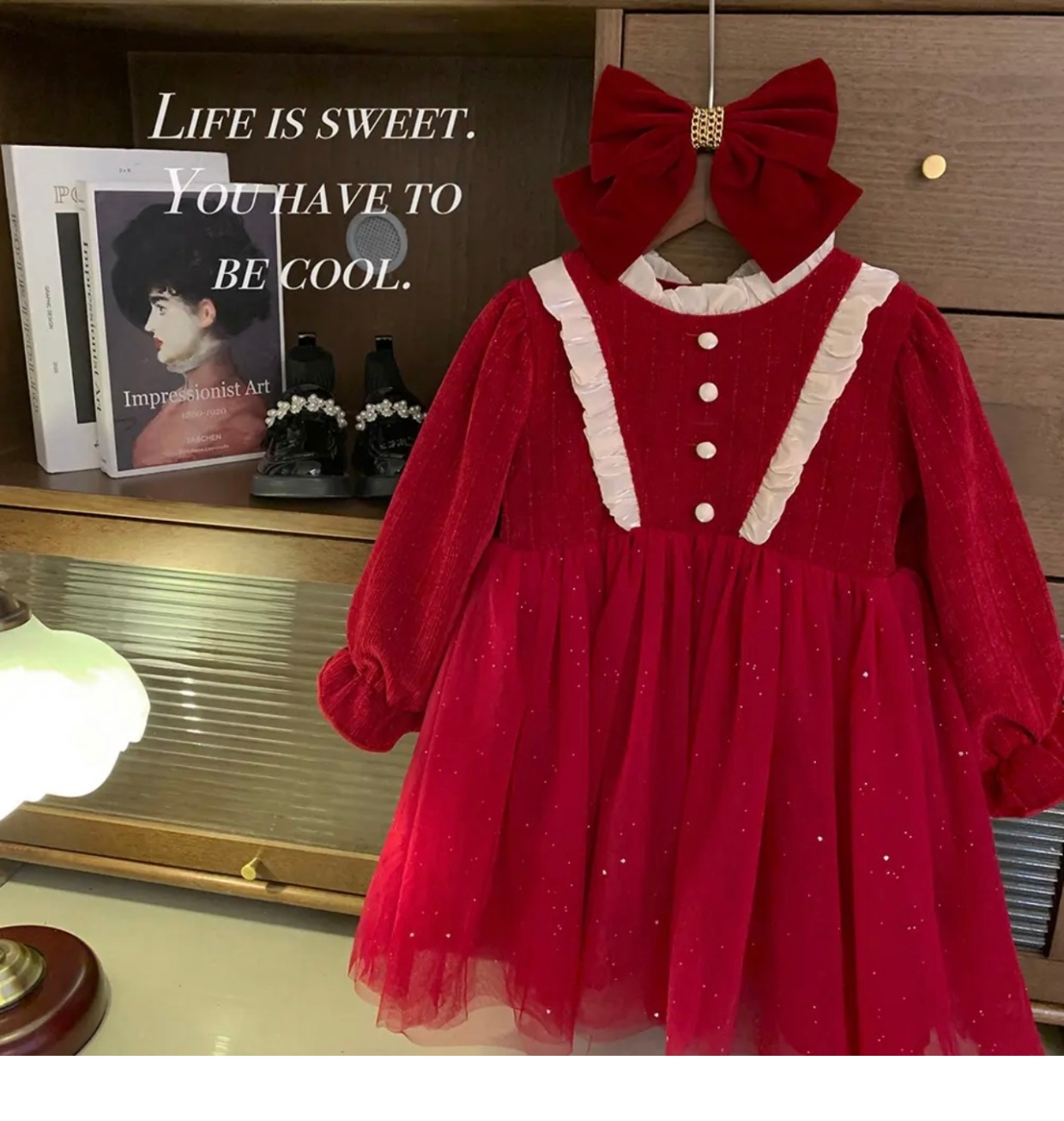 柠里女童冬装加绒连衣裙子洋气女童新年装红色年服丝绒中童连衣裙详情6