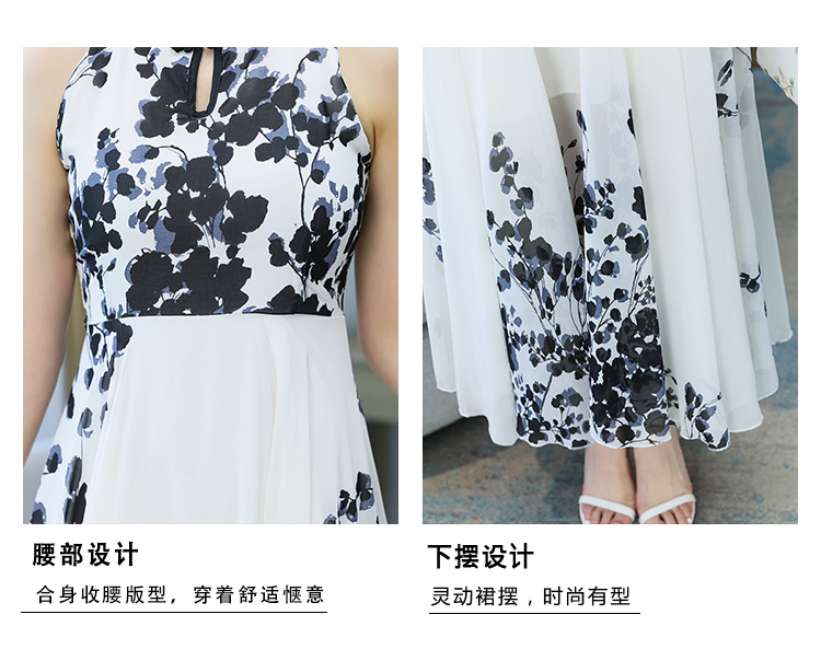 改良旗袍连衣裙女2022夏季新款时尚洋气削肩年轻款中国风水墨印花详情18