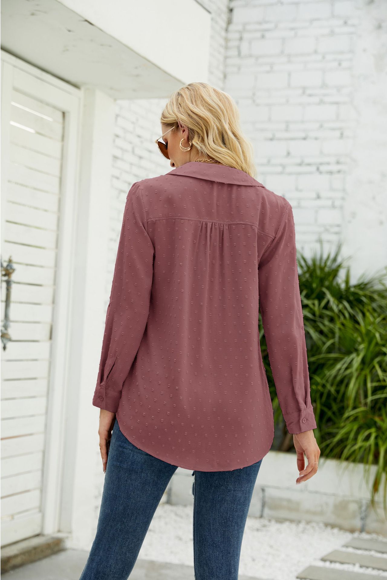 跨境欧美女装亚马逊秋冬新款立领长袖衬衫提花毛球休闲宽松上衣女详情12