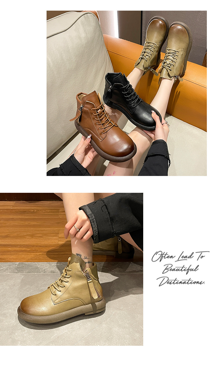 2023水洗复古真软皮马丁靴女 平底韩版双侧拉链女式皮靴子休闲女详情8