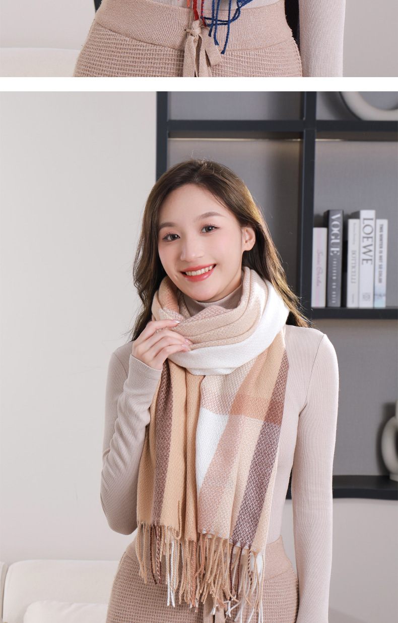 格子秋冬季围脖女韩系2023围巾披肩女新款简约加厚保暖仿羊绒围巾详情13