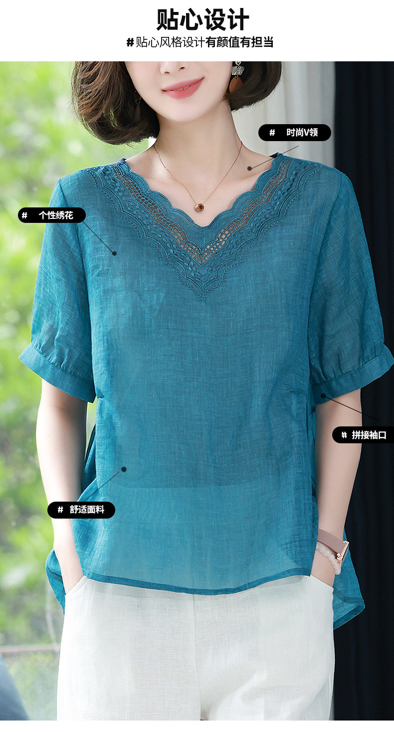棉麻上衣女士短袖妈妈苎麻小衫夏季t恤2022新款休闲宽松亚麻衬衫详情2