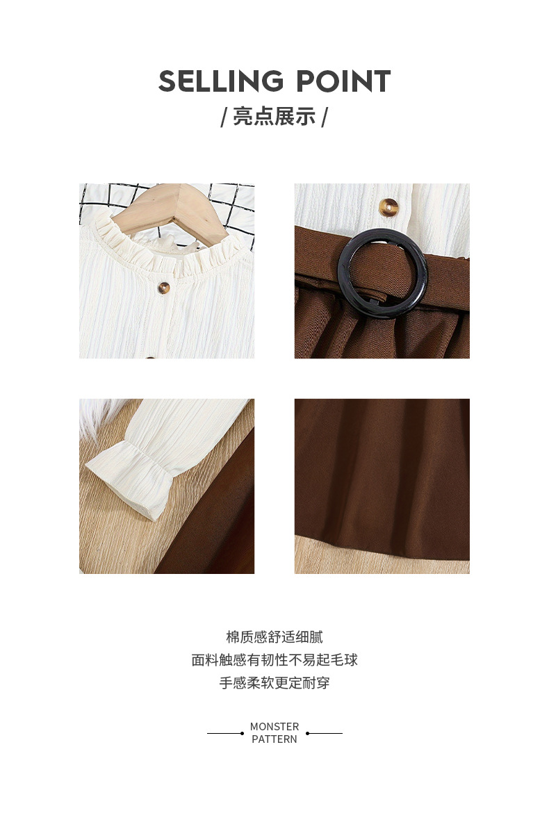 外贸秋季女童连衣裙棕色百褶裙拼接花边袖口飞袖可爱儿童长袖裙子详情2