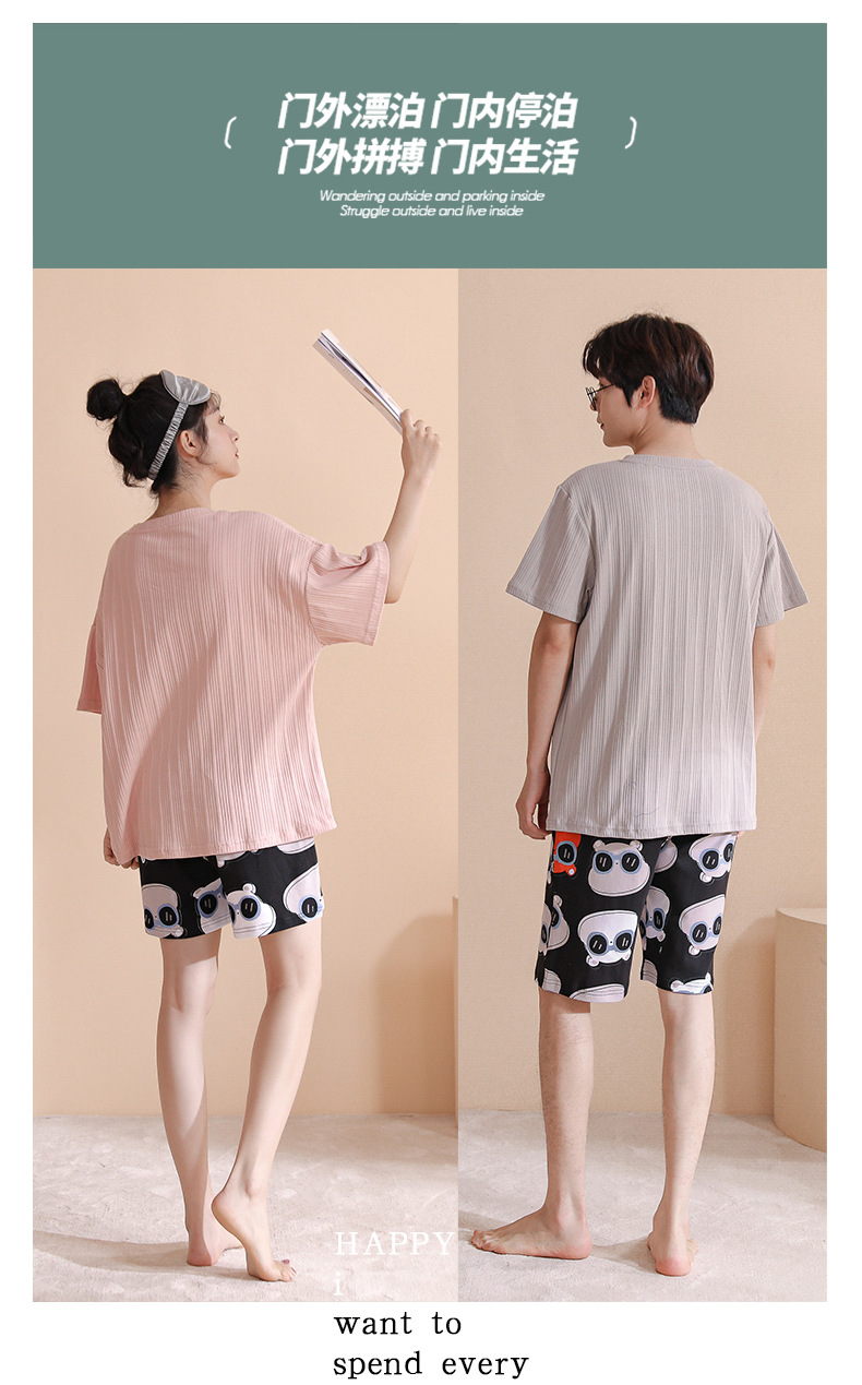 Novedades pareja manga corta pantalones cortos pijamas mujer verano slim algodón peinado hombre traje de hogar suelto casual cartoon pic 126