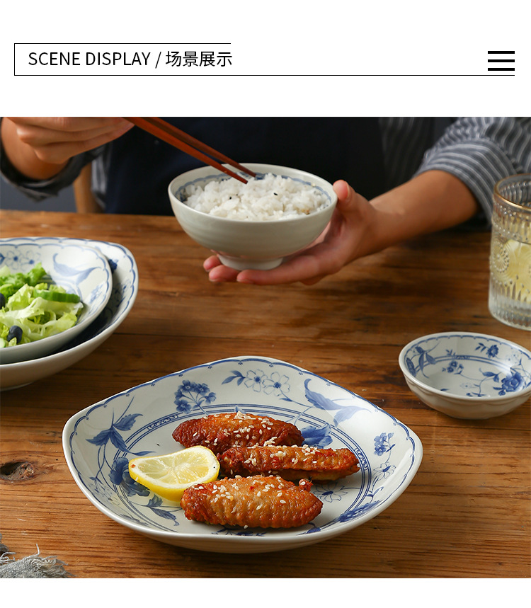 Japanese retro-style ceramic tableware, home blue and white underglaze color creative plates, flat plates, and personalized salad bowls pic 6
