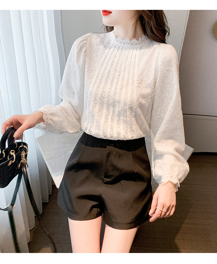 New Chinese-style in-stock real photos of the autumn new Korean-style versatile semi-high-neck lace base shirt for women. Pair it with a lace shirt inside pic 12
