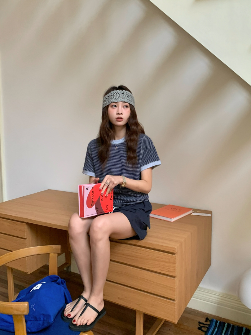 GAGD Oni T-shirt ~ Small design contrasting color border striped short-sleeved T-shirt for women, Korean-style off-the-shoulder short T-shirt top pic 18