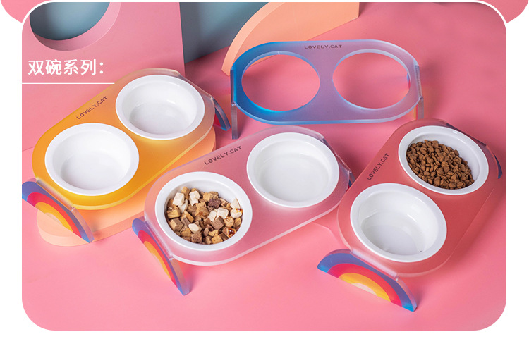 猫碗陶瓷双碗水碗粮碗高脚倾斜护颈椎宠物碗彩虹亚克力架宠物用品详情4