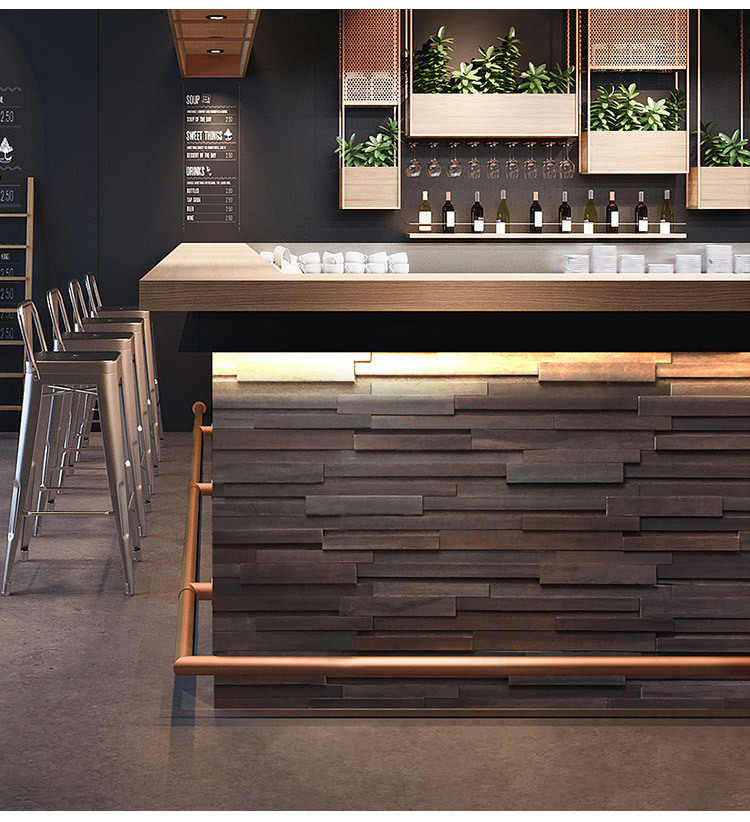 原木马赛克电视背景墙民宿形象墙装饰黑胡桃色凹凸立体实木条细条详情9