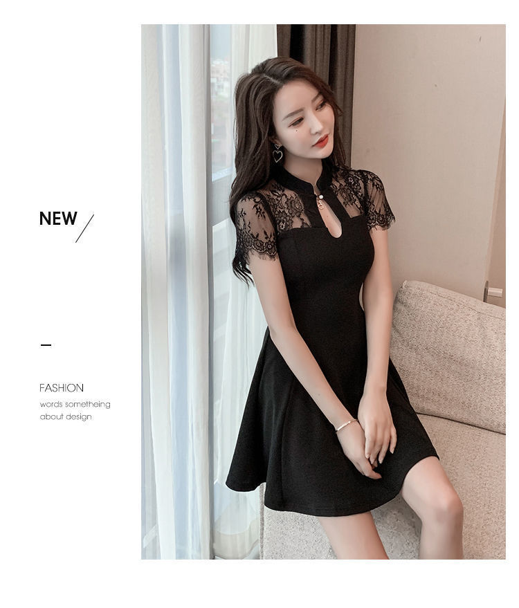 大码胖mm蕾丝连衣裙女夏2021年新款女旗袍改良版复古裙小黑裙高腰详情10