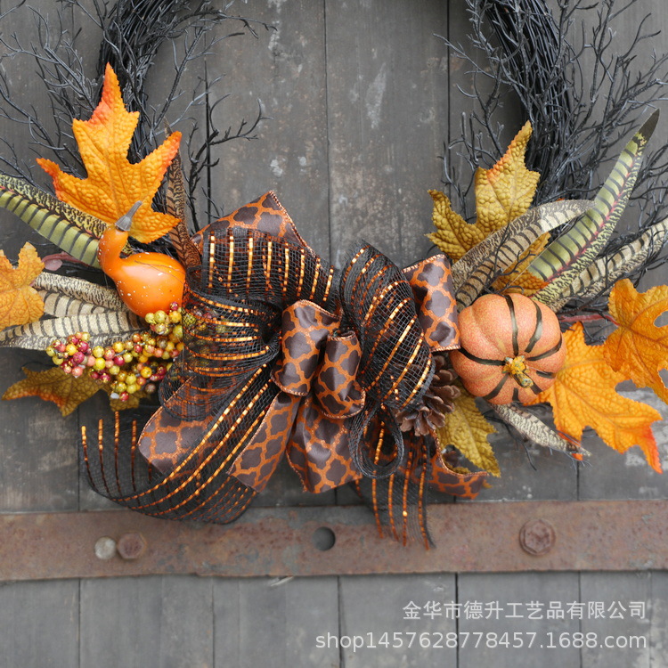 Desheng Cross-border E-commerce Amazon Halloween simulation maple leaf pumpkin Ribbon wall hanging vine ring wreath decoration pic 9