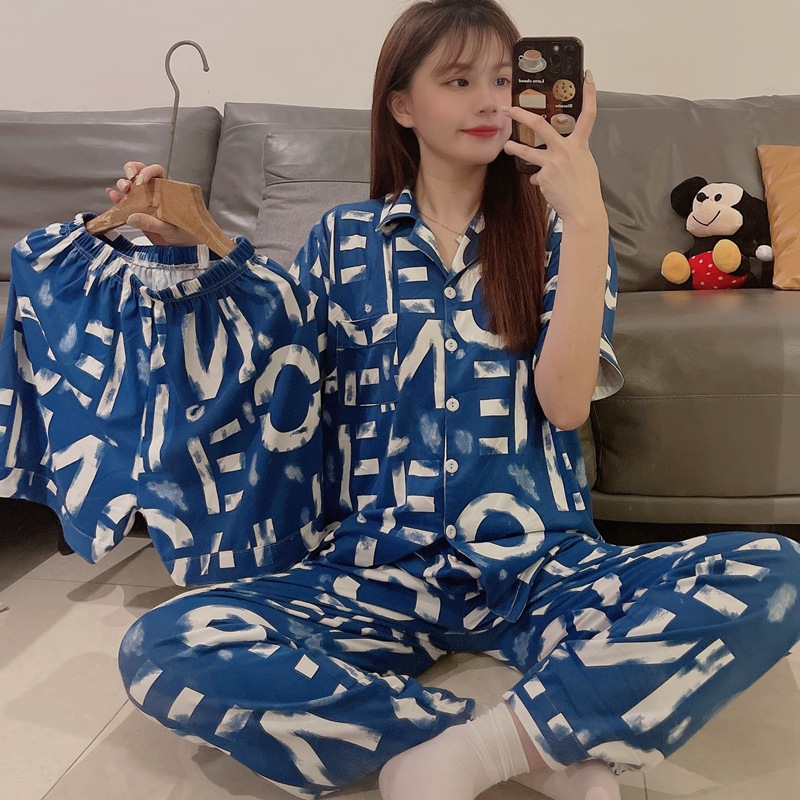 20款直播短袖开衫仿棉INS夏季情侣睡衣居家休闲宽松家居服三件套详情9