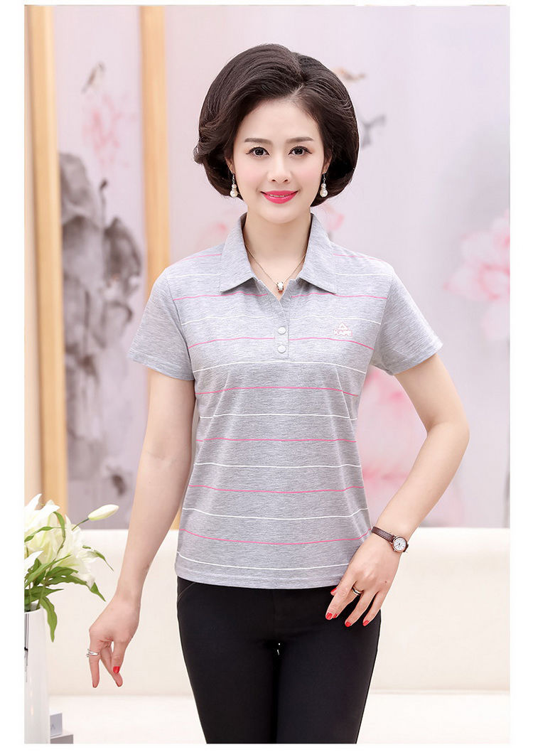 夏装新款中年女士短袖T恤衫妈妈装翻领棉T恤衫中老年休闲团队服装详情15