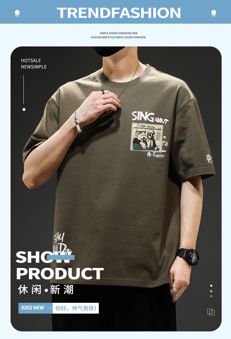 Summer short-sleeved T-shirt for men, a trendy brand, off-the-shoulder breathable casual thin half-sleeve T-shirt, round-neck five-quarter sleeve T-shirt for men pic 1