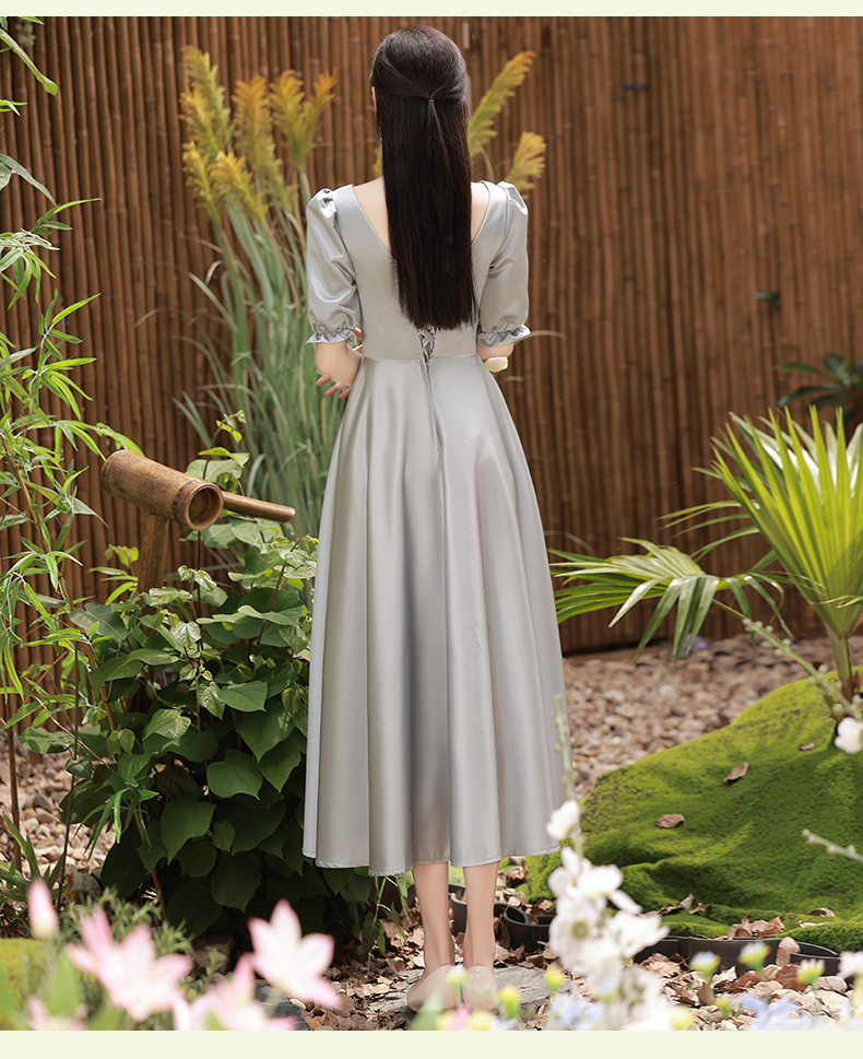 伴娘服2022年新款秋季灰色姐妹团学生毕业季显瘦缎面礼服裙女详情16