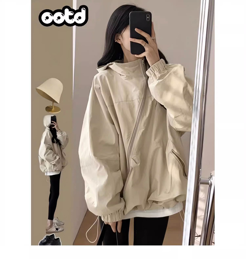 美式连帽冲锋衣外套女2023新款春秋装休闲百搭户外宽松薄款防晒衣详情2