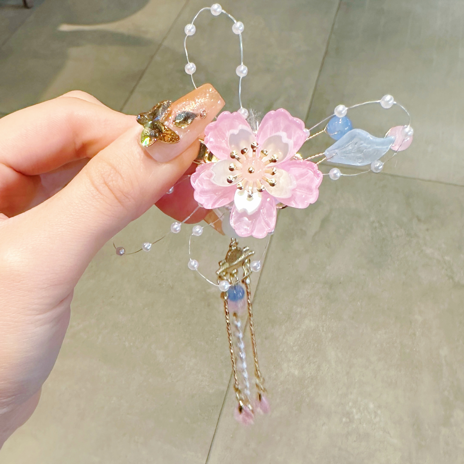 儿童发夹 国潮系列新款古风花朵蝴蝶珍珠流苏中国风琉璃对夹女孩汉服头饰详情41