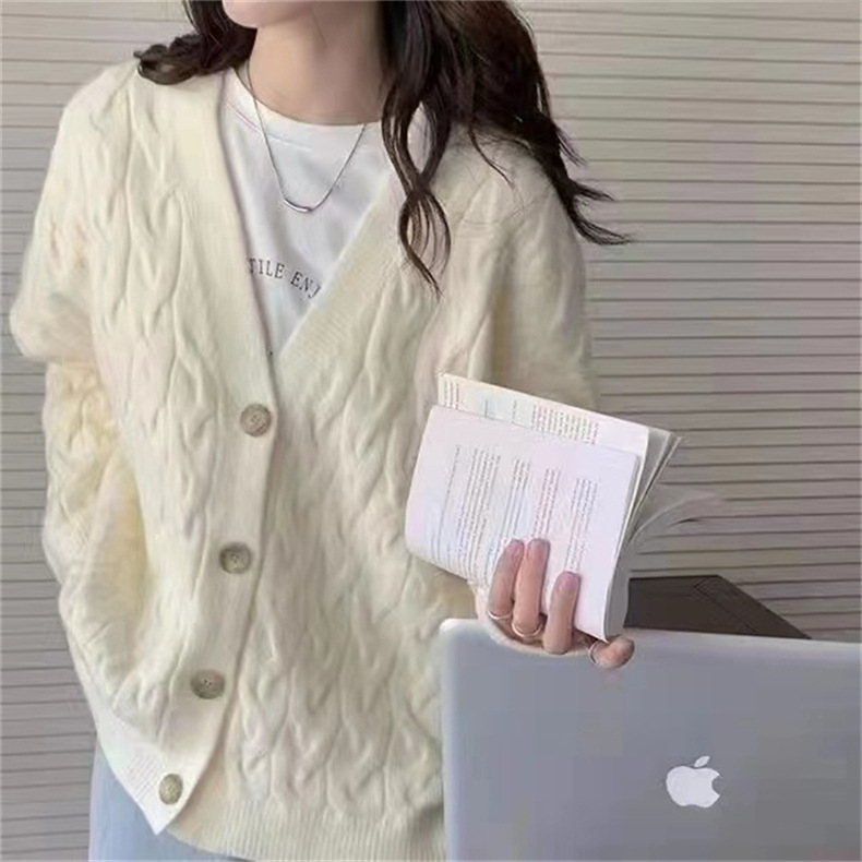 复古麻花毛衣外套女秋冬季韩版宽松慵懒风v领长袖针织开衫上衣女详情4