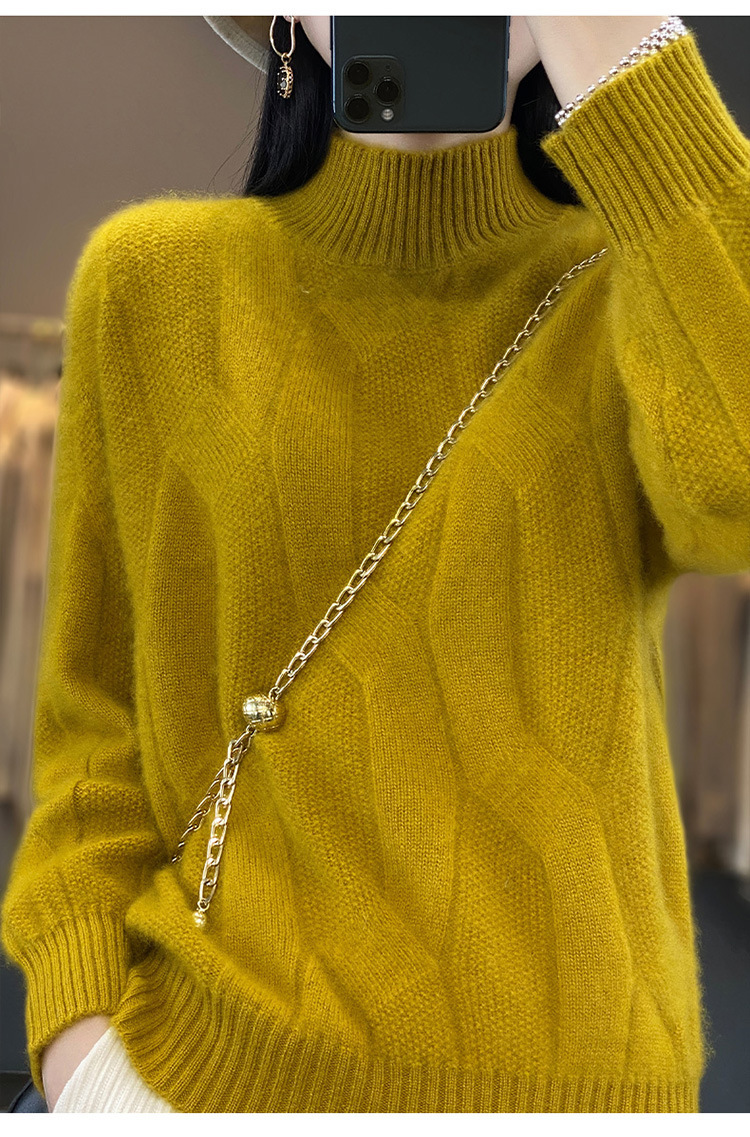 2024 New style 100 wool sweater for women, semi-high neck, thickened with twist, solid color, simple sweater, loose and slimming knitted sweater pic 8