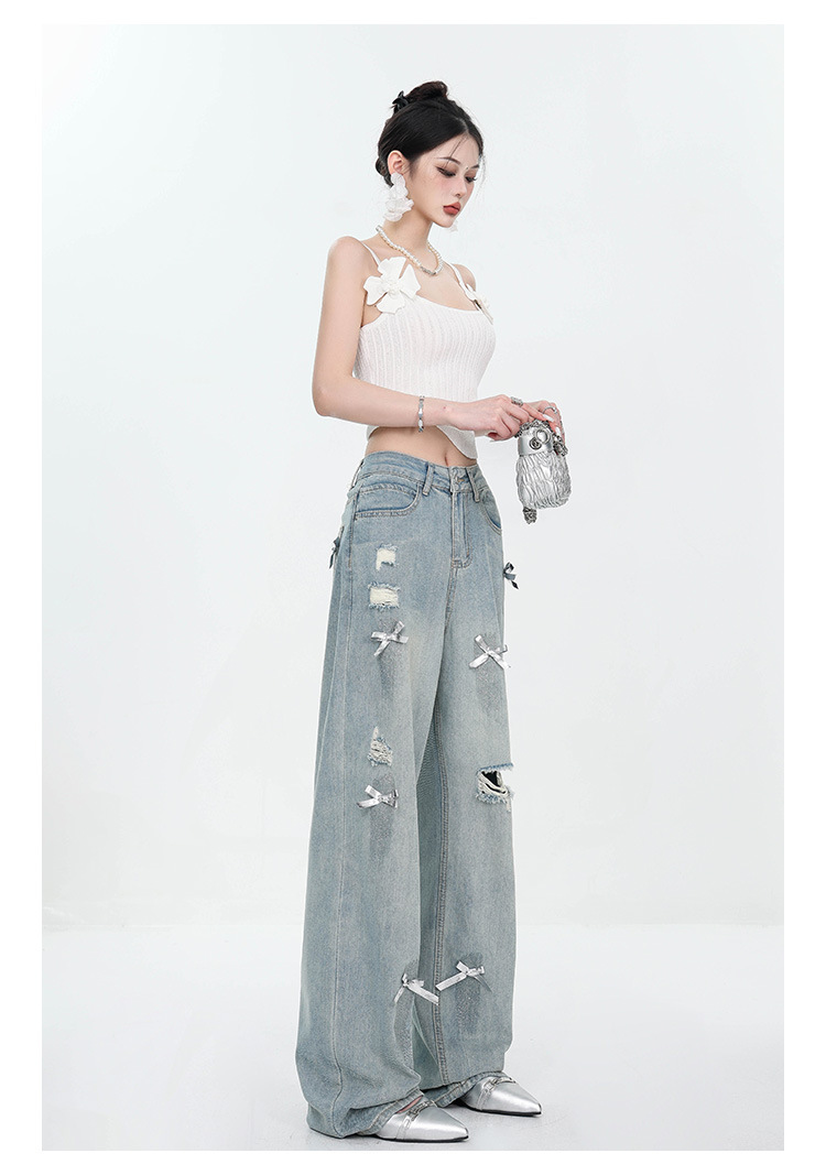 Large-sized retro three-dimensional bow ripped jeans for women with a summer design sense, high-waisted straight-leg loose wide-leg pants pic 8