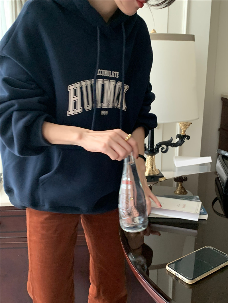 Letter-printed pullover with fleece hooded sweatshirt for women 2023 autumn/Winter new style Korean loose and versatile long-sleeved top pic 39