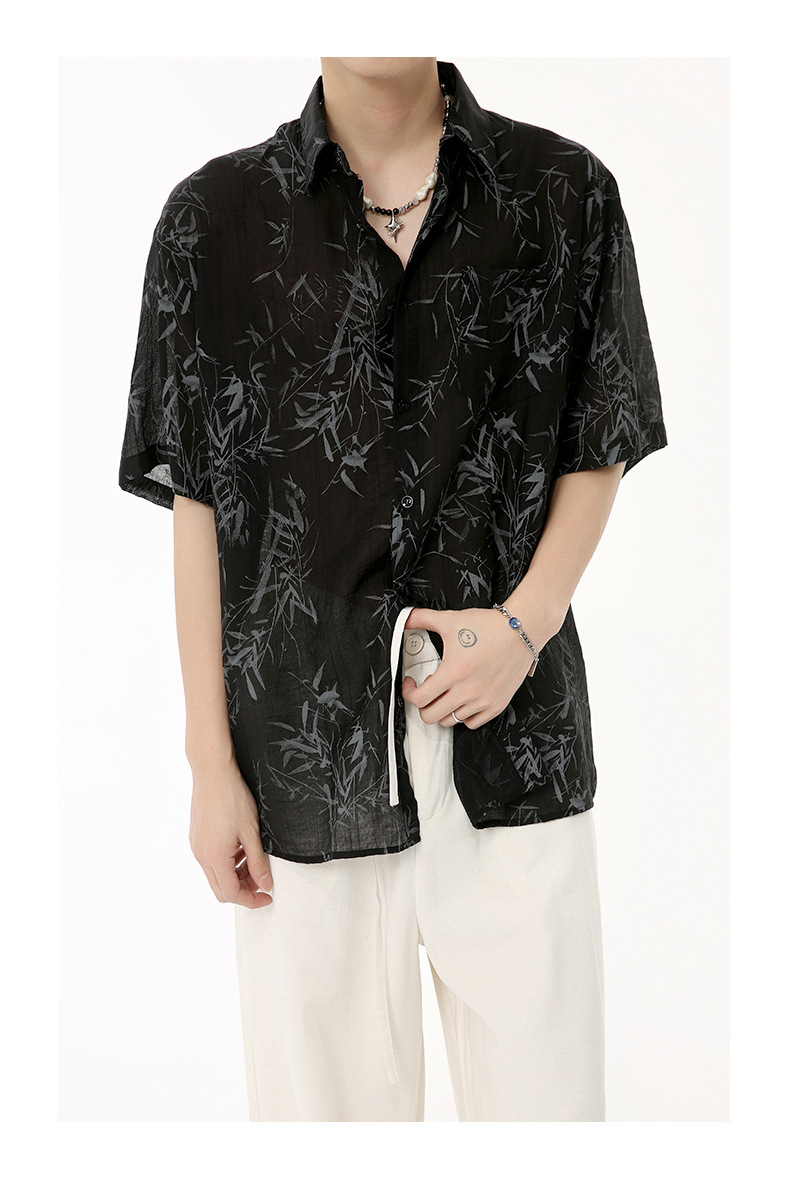 MTLCLOTHES男装|2024夏款新品 新中式国风薄款竹叶慵懒短袖衬衫潮详情9