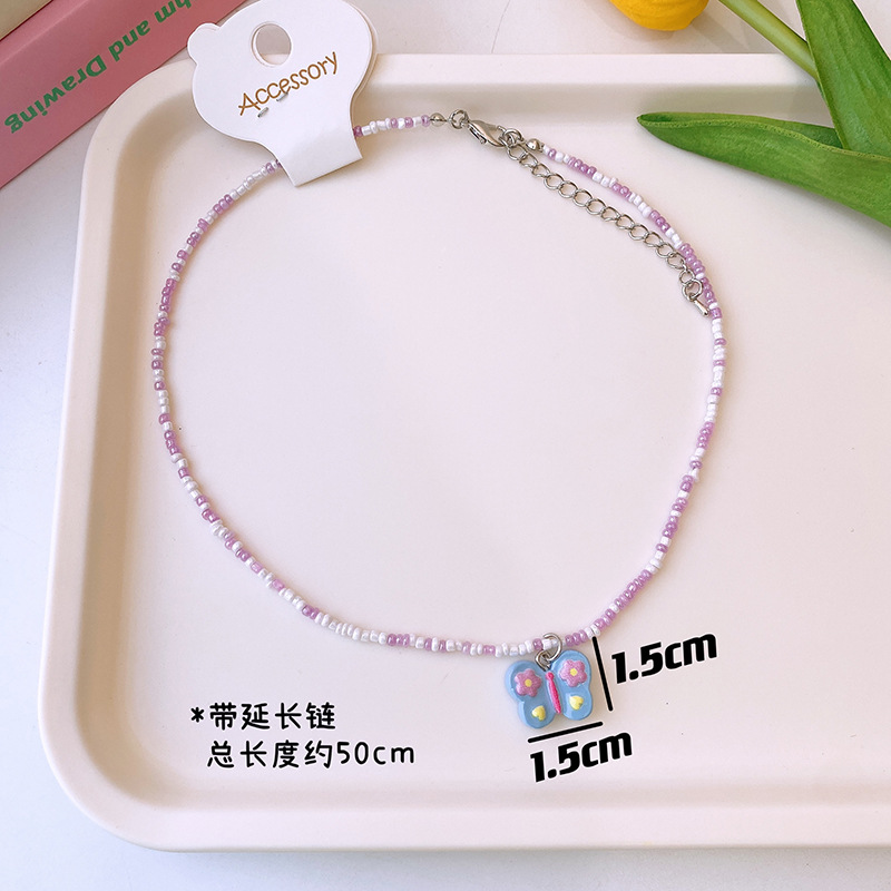 日韩彩色串珠项链童趣卡通可爱儿童蝴蝶爱心锁骨链多巴胺少女饰品详情10