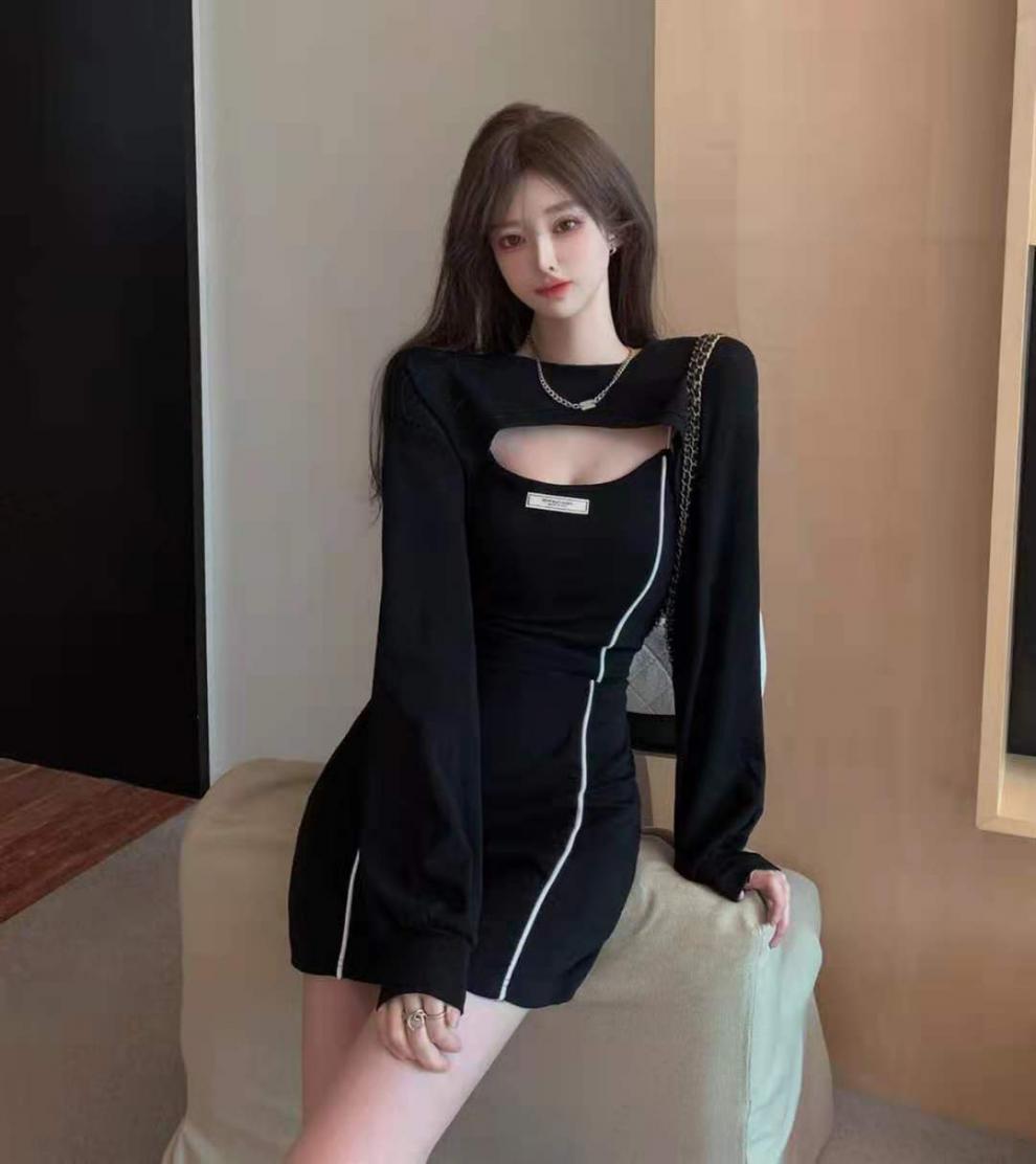 德绒吊带连衣裙女性感纯欲气质包臀短裙秋季新款打底裙子两件套装详情4