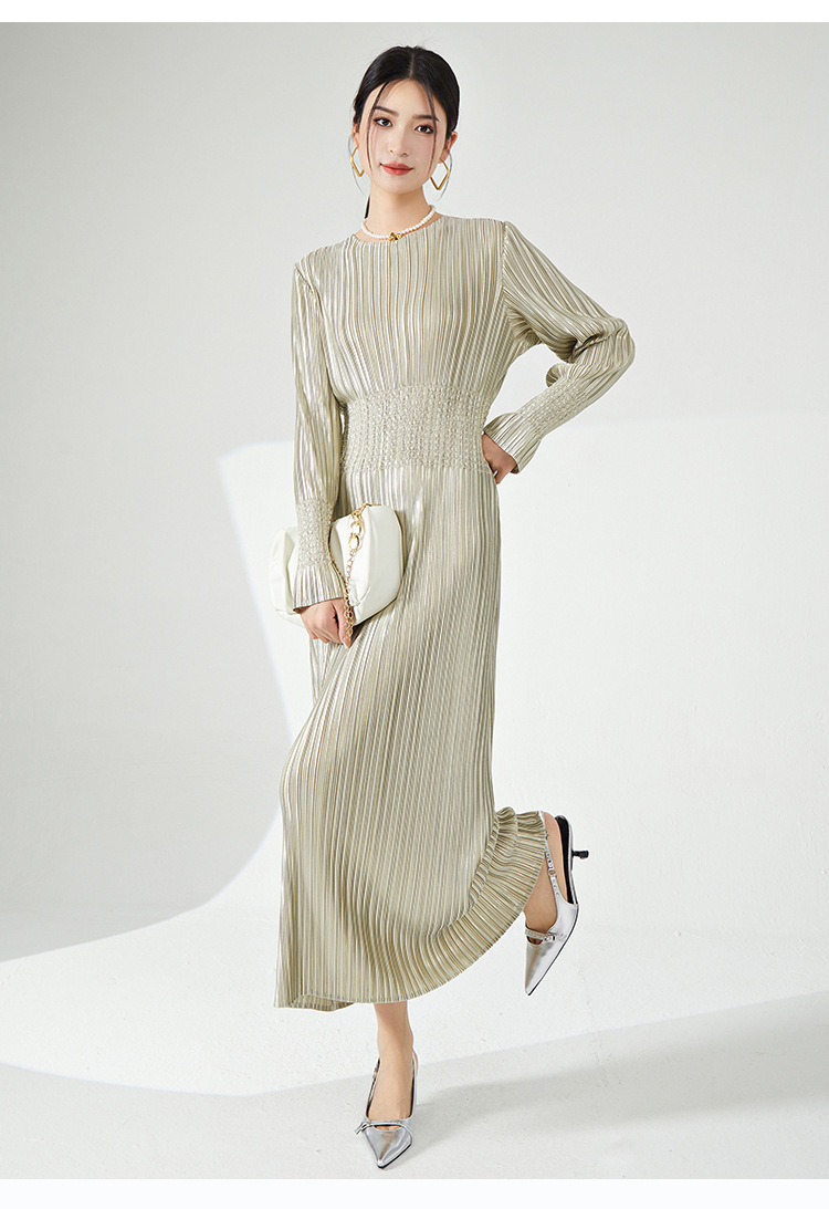 高档礼服三宅时尚连衣裙热卖新款法式收腰高弹褶皱气质优雅长裙子详情48