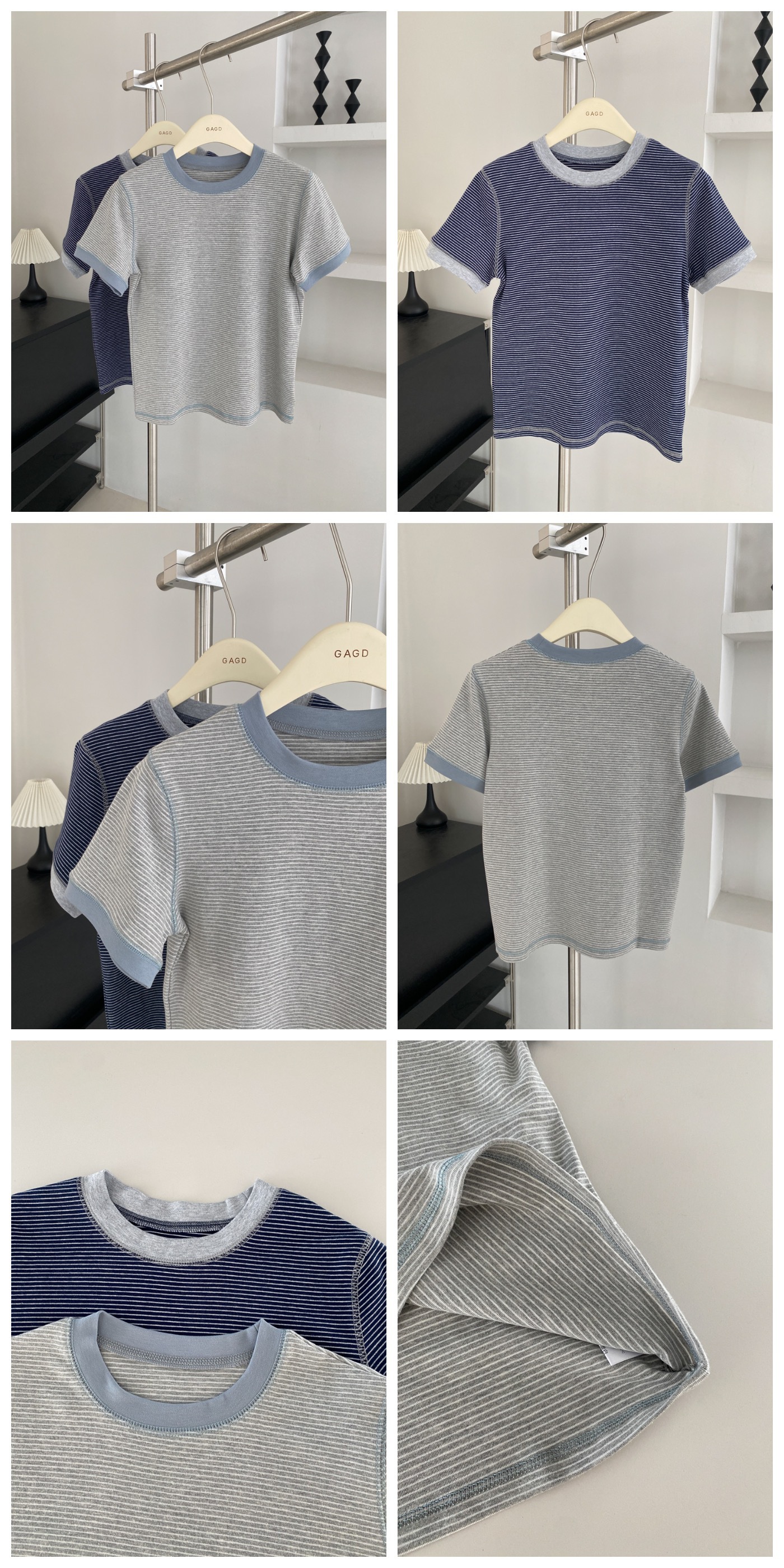GAGD Oni T-shirt ~ Small design contrasting color border striped short-sleeved T-shirt for women, Korean-style off-the-shoulder short T-shirt top pic 3