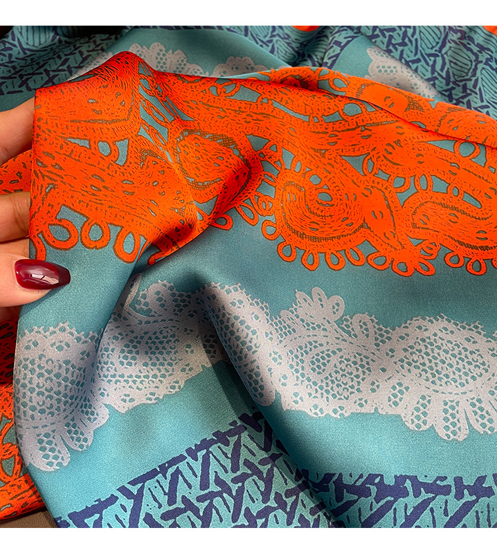 A classic blue and orange large flower 110 faux silk scarf with a large square scarf and a shawl on the outside. A girl gives it to her mother pic 37