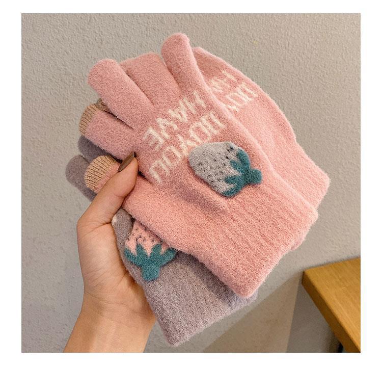 Sweet strawberry couple gloves in Japanese and Korean style, ins style plush touch screen knitted warm gloves with fleece finger separation gloves pic 5