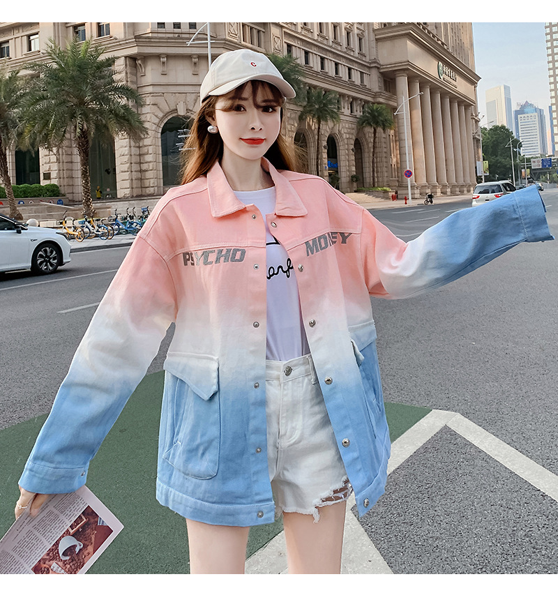 2022春秋季新款韩版女装学生宽松印花渐变牛仔外套女百搭夹克上衣详情11