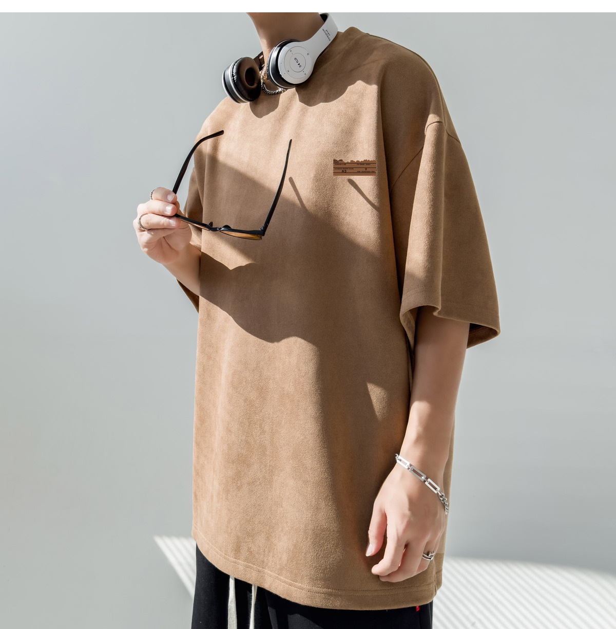 简恒咖色重磅美式复古男士短袖t恤夏季男款百搭仿麂皮绒定制T恤潮详情14