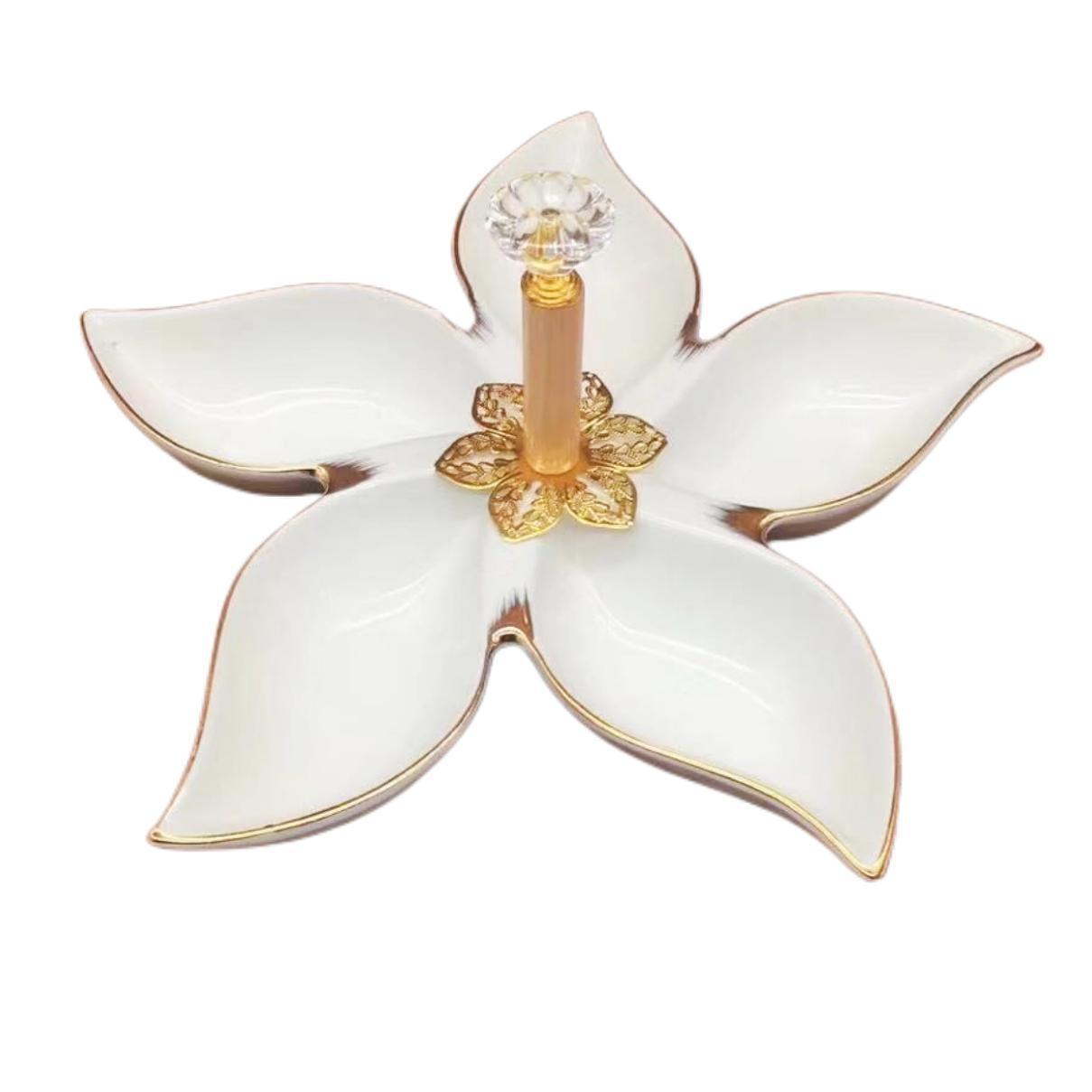 A pure white petal-shaped fruit platter with electroplated gold and multiple compartments, a hand-held restaurant banquet food platter pic 9