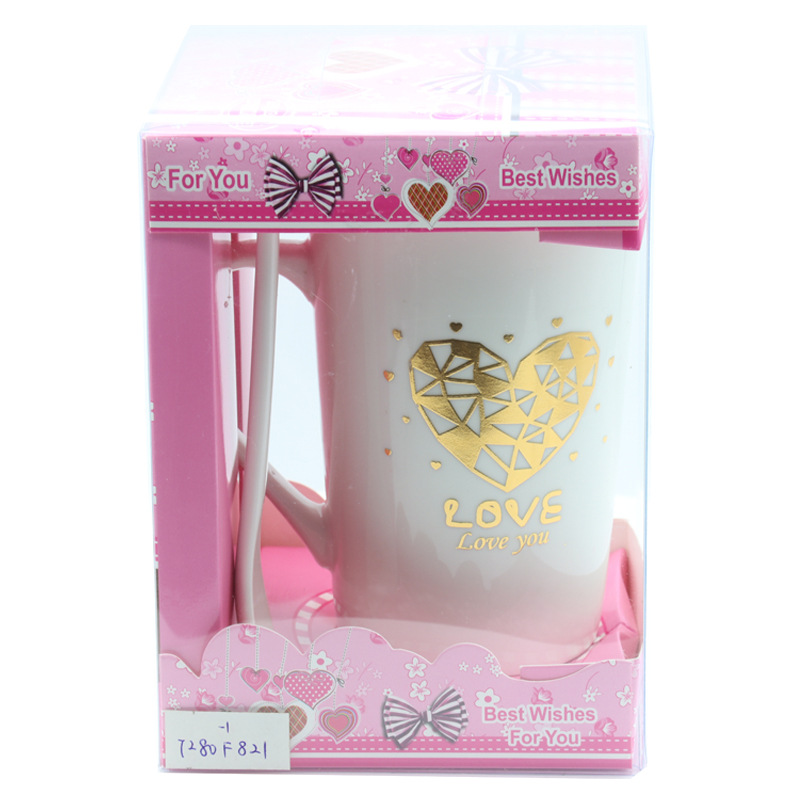 情人节陶瓷杯马克杯白底简约风格镀金心形设计带柄勺套装大容量水杯详情4