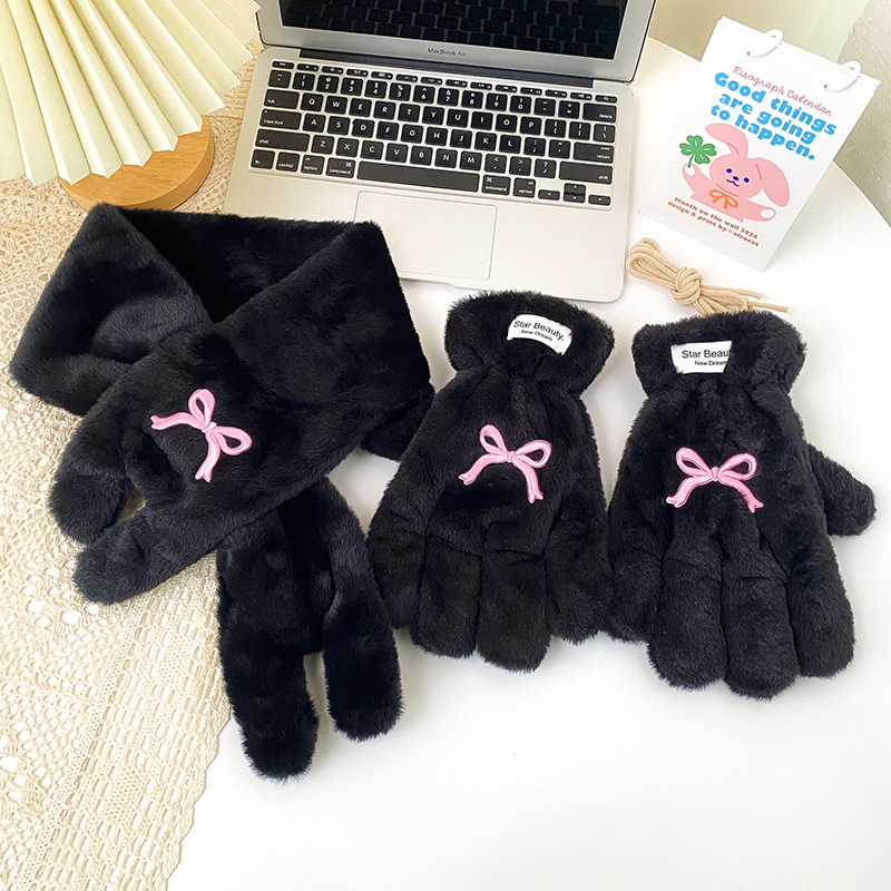 五指蝴蝶结手套女冬天加绒加厚保暖可爱分指冬季学生骑车开车围巾详情4