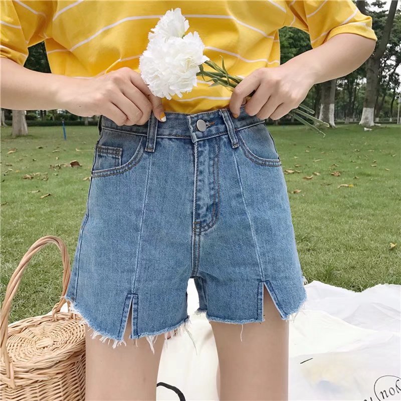 New Korean-style loose student high-waisted chic pants, hot pants with frayed edges and slit denim shorts for women pic 6
