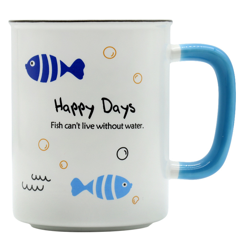 卡通陶瓷马克杯带竹盖带柄勺套装创意蓝色小鱼陶瓷杯时尚早餐杯家用办公室休闲杯个人商务礼品详情7