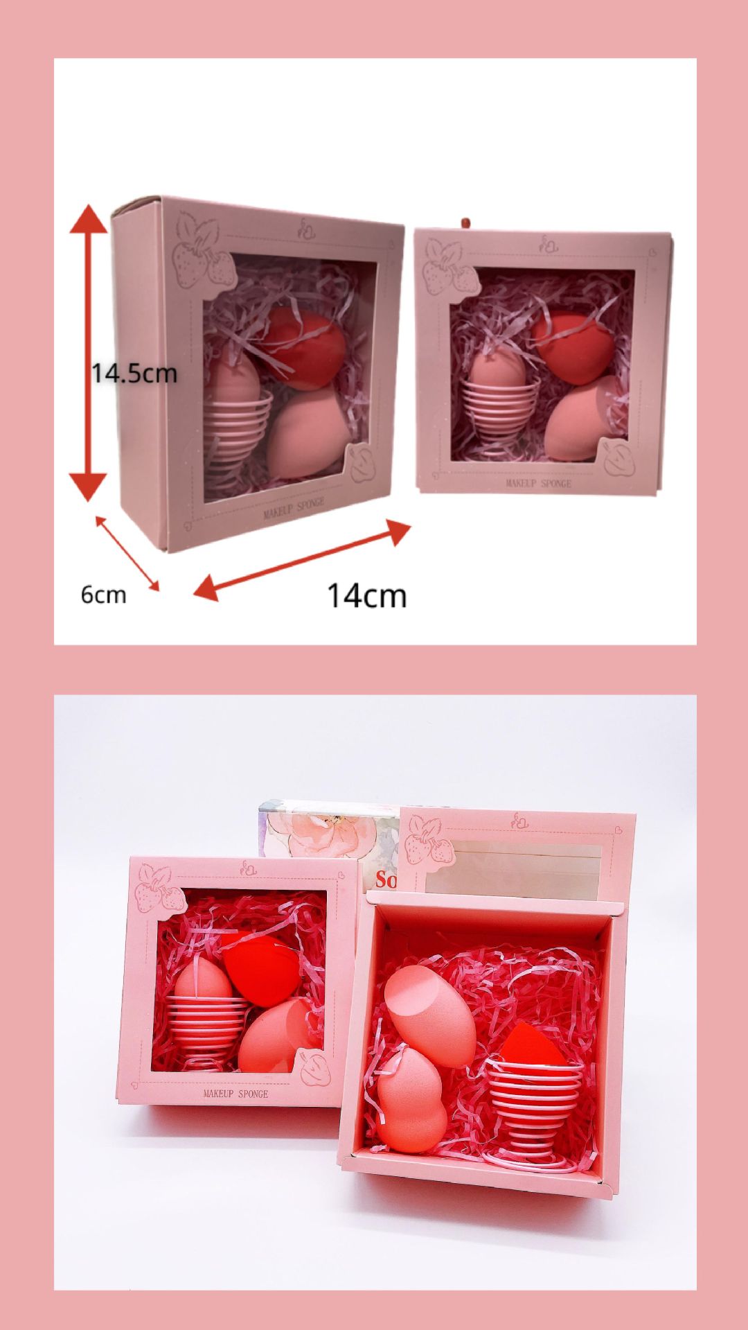 Factory direct sales strawberry pink fruit series gourd water drop diagonal Cut 3-piece beauty egg powder puff gift set pic 8