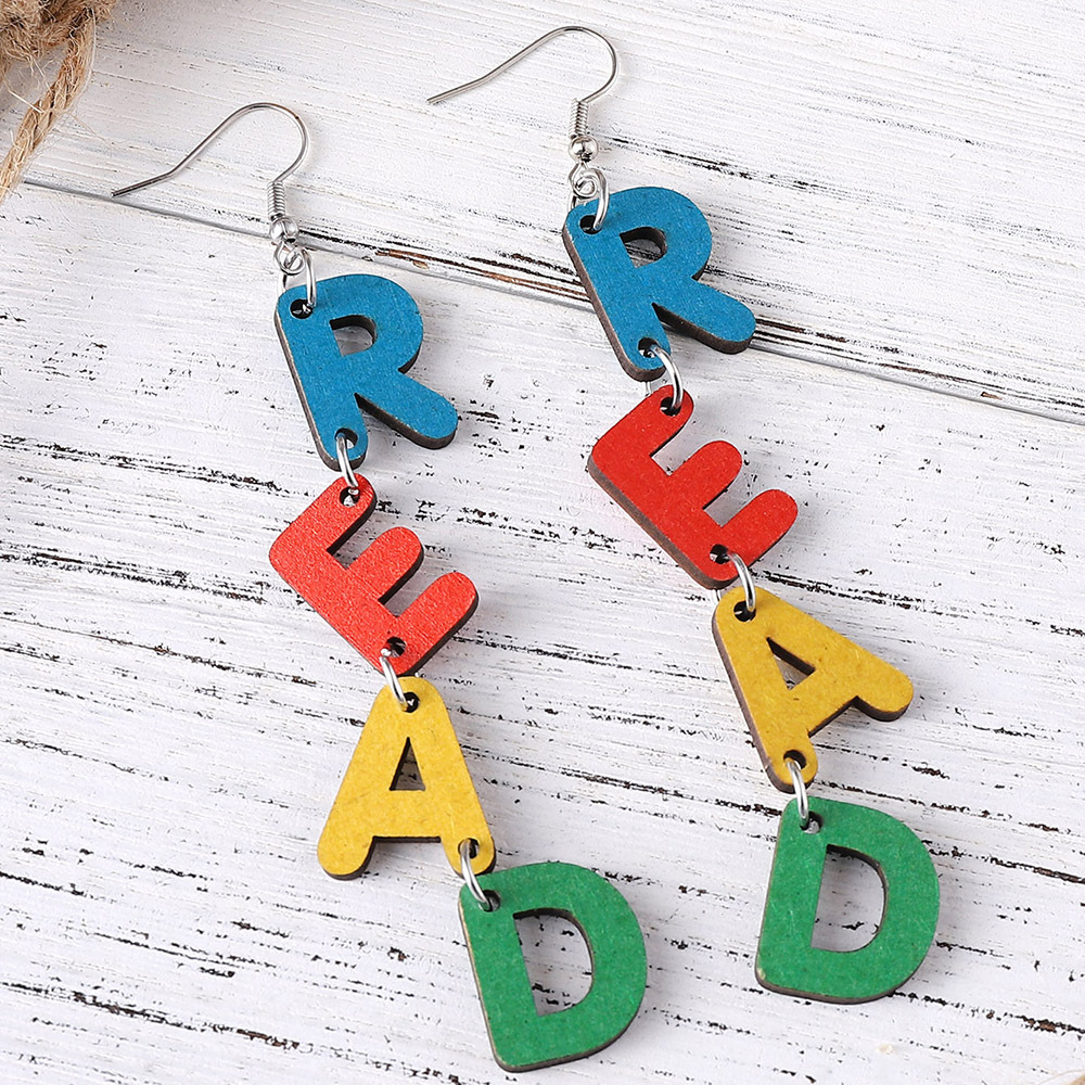 The popular cross-border color letter READ earrings from Europe and America are double-sided wooden earrings for students and teachers during the back-to-school and graduation seasons pic 7