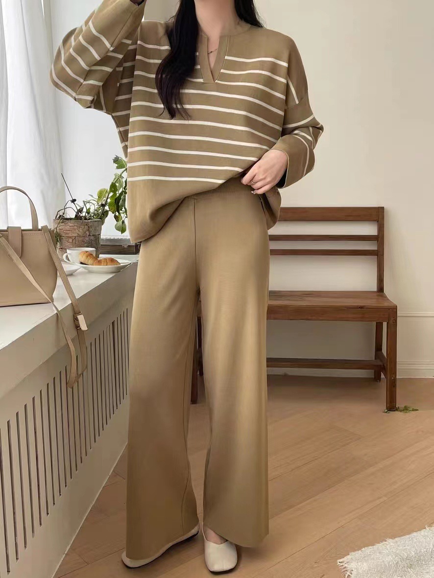 A two-piece Korean-style loose striped knitted top and casual high-waisted, sagging knitted wide-leg pants pic 21